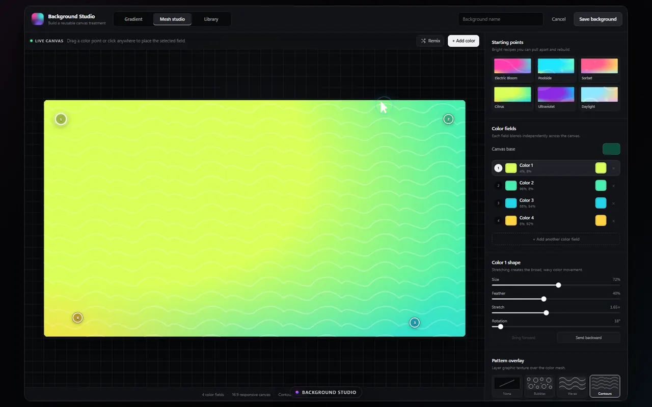 FlairDirector Background Studio with custom color fields and pattern controls.