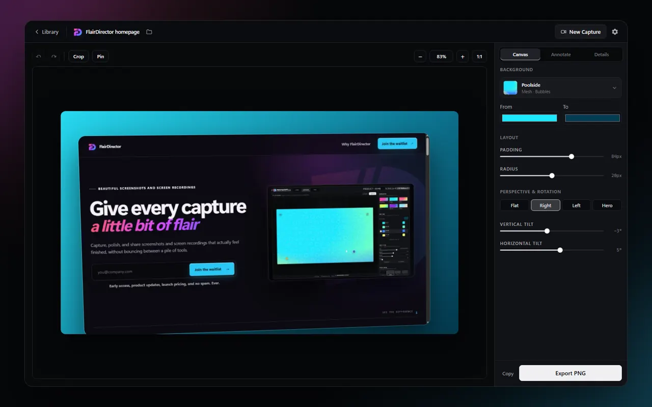 FlairDirector screenshot editor with a captured landing page framed on a colorful canvas.